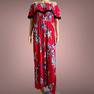 Janette Plus Peasant Midi Dress Size Plus X1 Red Blue Off Shoulders Floral